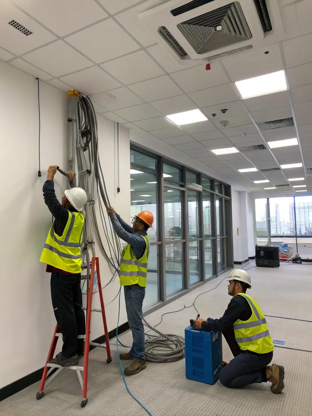 A commercial electrician inspecting wiring in a new office building, ensuring compliance with safety standards.