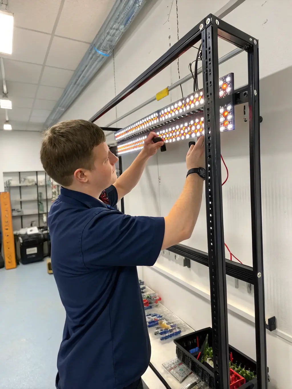 Energy-efficient LED lighting being installed in a retail store to reduce energy consumption.