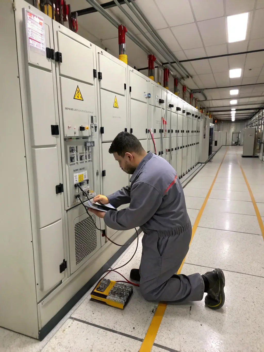 A commercial electrician performing routine maintenance on electrical systems in a manufacturing plant.